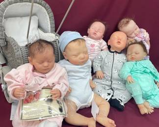 Vtg Collection Of Reborn  New Born Dolls  Wicker Pram