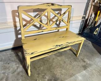 102-JM: Distressed Yellow Farmhouse Bench with Lattice Back