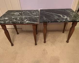 Two marble top small side tables on wooden base
