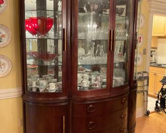 Bernhardt Mahogany barrel front corner china cabinet on buffet (2 piece) with curved glass panels ..Measures 78” x 92” x 23”