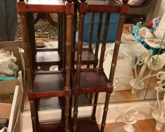 Set of vintage Bombay Company dark wood bamboo style tall display stands 