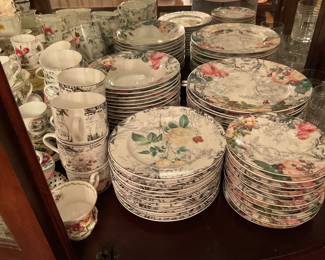 Collection of teas cups and saucers, also American Atelier Rose Toile Floral dessert plates 