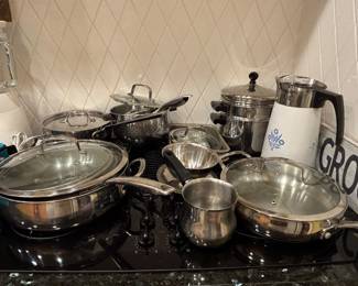 Assortment of pots and pans. Vintage Corning Ware Cornflower stove top coffee percolator 