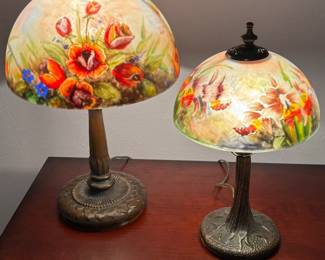 Two Dale Tiffany Rose Dome table lamps finished in antique bronze base