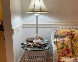White rattan wicker side table with glass tabletop. Set of two marble/stone lamps