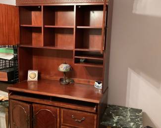 Large wooden desk with underneath cabinet and top shelf … 2 pieces… desk measures 48”x31”x23” and shelf measures 48”x48”x13”