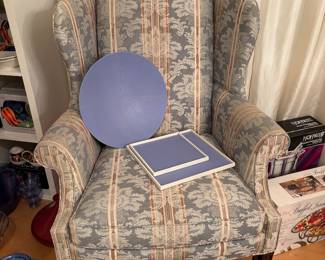 Traditional Georgian style wingback armchair in blue and beige damask upholstery 