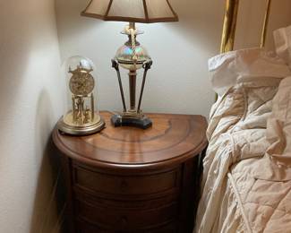 Beautiful wooden inlay set of half moon shape bedside tables in excellent shape  26”x25”x18”