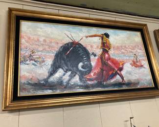 Large Midcentury bull fighting painting
