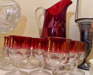 Ruby Red Flash Glass Pitcher Thumbprint Stemmed Glasses Sherbet Cups Kings Crown Pattern Vintage Set