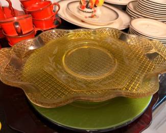 Amber Depression Glass Scalloped Plate Diamond Pattern Silver Plate Tray Vintage Glassware Collectible