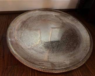 Silver Plate Round Serving Tray Engraved Floral Scroll Design Beaded Edge Vintage Entertaining Platter