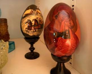 Hand Painted Decorative Eggs on Wood Stands Scenic Village Floral Design Russian Lacquer Style Easter Egg Art Collectible