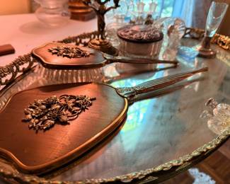 Victorian Vanity Dresser Set Mirror Brush Comb Embossed Floral Tray Antique Grooming Set