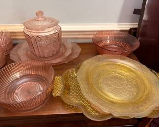 Pink Depression Glass Collection Covered Candy Dish Pedestal Bowls Plates Amber Yellow Glass Vintage Glassware Lot