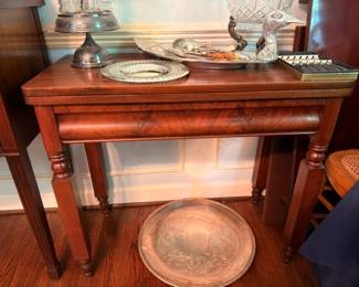 Antique Wood Side Table Turned Legs Silver Plate Lamp Copper Tray Vintage Furniture