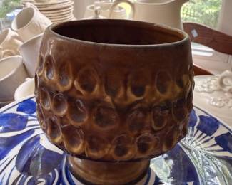 Brown Textured Pottery Vase Planter Honeycomb Bubble Pattern Mid Century Stoneware Art Pottery Vintage