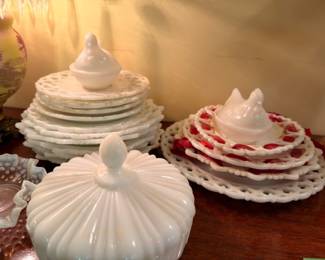 White Milk Glass Covered Dishes Lattice Edge Hen On Nest Stacked Plates Vintage Glassware Collection