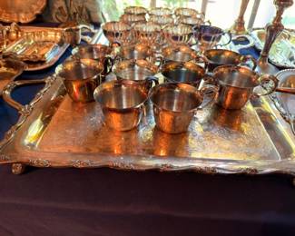 Silver Plate Footed Tray Cups Creamer Sugar Set Vintage Silverplate Tea Service Collection