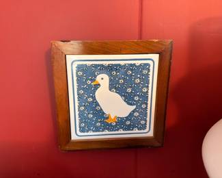 Ceramic Tile Art Duck Goose Blue Floral Wood Frame Wall Hanging Country Farmhouse Decor Vintage