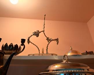 Ornate Bronze Figural Candelabra Grape Vine Bird Motif Silver Plate Covered Dome Dish Victorian Antique