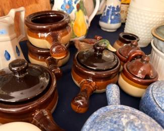 Brown Stoneware Bean Pots Crocks Lids Blue White Spongeware Pottery Vintage Kitchen Ceramics Collection