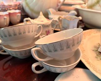 Mid Century Modern China Cups Bowls Wheat Grass Pattern Vintage Dinnerware Set Retro
