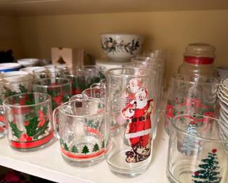 Vintage Christmas Drinking Glasses Santa Claus Holly Christmas Tree Designs Red Green Holiday Glassware Barware Tumblers Collectible Set