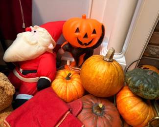 Holiday Decorations Lot Stuffed Santa Claus Jack O Lantern Pumpkins Gourds Halloween Christmas Decor
