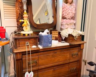 Antique Oak Dresser with Mirror Porcelain Doll Pink Dress Table Lamp Harp Figurine Lace Doilies Victorian Bedroom Furniture
