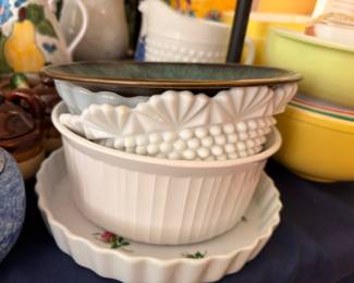 White Milk Glass Hobnail Bowls Fluted Scalloped Edge Bowl Stacked Vintage Anchor Hocking Glassware Collection