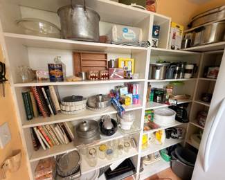 Packed Pantry Shelves Bakeware Aluminum Cake Pans Mixing Bowls Cookware Kitchen Supplies Lot