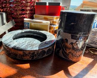 Black Marble Ashtray Canister Set Veined Stone Desk Accessories Vintage Decor