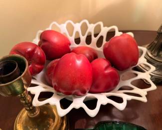 White Milk Glass Lace Edge Bowl Red Artificial Fruit Apples Decorative Display Centerpiece Vintage Glassware Collectible