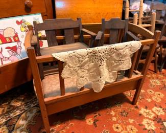 Vintage Wood Doll Bed Crib Crochet Lace Doily Childrens Room Furniture Toy Miniature Bed Retro Nursery Decor