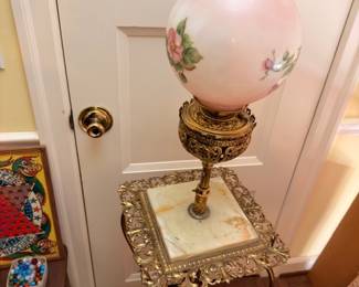 Victorian Parlor Lamp Hand Painted Pink Globe Shade Roses Ornate Brass Base Marble Top Side Table Gone With The Wind Style Antique Lighting
