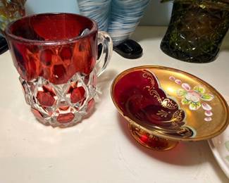 Ruby Red Thumbprint Glass Creamer Pitcher Cranberry Gold Hand Painted Floral Plate Vintage Art Glass Collection Collectible