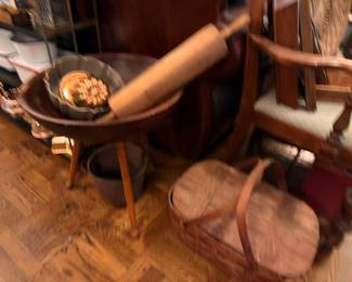 Antique Wood Dough Bowl On Legs Rolling Pin Cheese Box Primitive Kitchen Rocking Chair Vintage Country