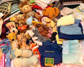 Large Lot Stuffed Animals Teddy Bears Boy Scouts of America Uniform Baby Blankets Crochet Afghans Plush Toys Collectible