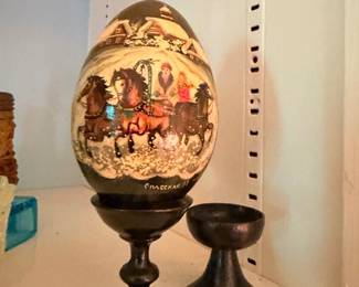 Russian Lacquer Hand Painted Egg Troika Winter Scene Wood Stand Vintage Folk Art Collectible