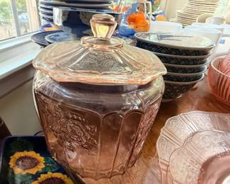 Pink Depression Glass Covered Cookie Jar Biscuit Barrel Etched Floral Pattern Lid Vintage Glassware Collectible