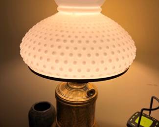 White Hobnail Milk Glass Shade Brass Oil Lamp Chimney Victorian Parlor Lamp Antique Hurricane Lamp Vintage Lighting Collectible
