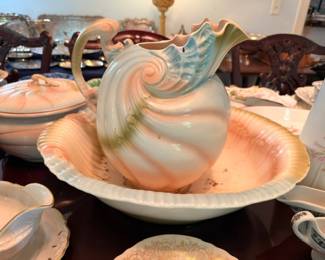 Ceramic Conch Shell Pitcher Wash Basin Set Pastel Ocean Colors Art Pottery Vintage Bathroom Decor