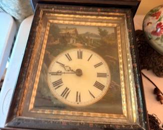 Antique Wood Mantel Shelf Clock Roman Numeral Dial Painted Scenic Panel Finial Top Victorian 1800s Collectible