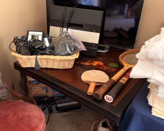 Flat Screen TV Monitor Wicker Basket Wood Rolling Pin Red Footstool Ottoman Desk Area Electronics Household Items Estate Lot