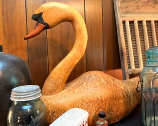 Carved Wood Swan Decoy Painted Folk Art Bird Figurine Large Antique Primitive Country Decor Vintage Collectible