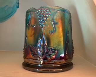 Carnival Glass Iridescent Canister Jar Grape Beaded Pattern Antique Art Glass Blue Amber Vintage Glassware Collectible