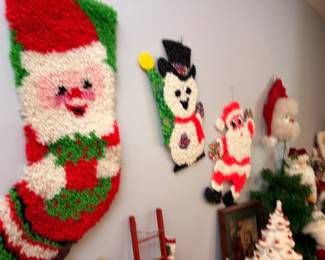Vintage Christmas Decorations Latch Hook Santa Stocking Snowman Figure Santa Claus Figurines Holiday Decor Estate Lot Collectible