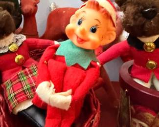 Vintage Knee Hugger Elf Figurine Plaid Outfit Christmas Pixie Figure Felt Elf Holiday Decoration Mid Century Kitsch Collectible