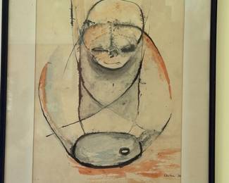 Framed Abstract Modern Art Drawing Face Bowl Mixed Media Black Frame Mid Century Modern Original Art Vintage Contemporary Wall Decor